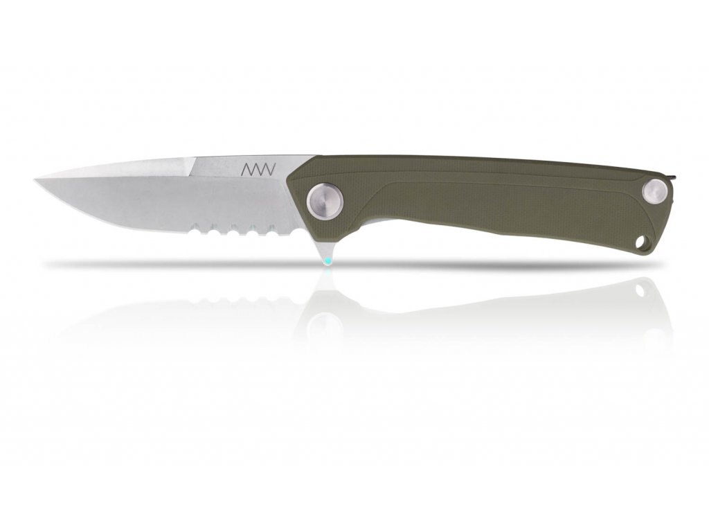 Levně Zavírací nůž ANV® Z100 s kombinovaným ostřím G10 Liner Lock - Olive Green rukojeť, šedá čepel - Stone Wash