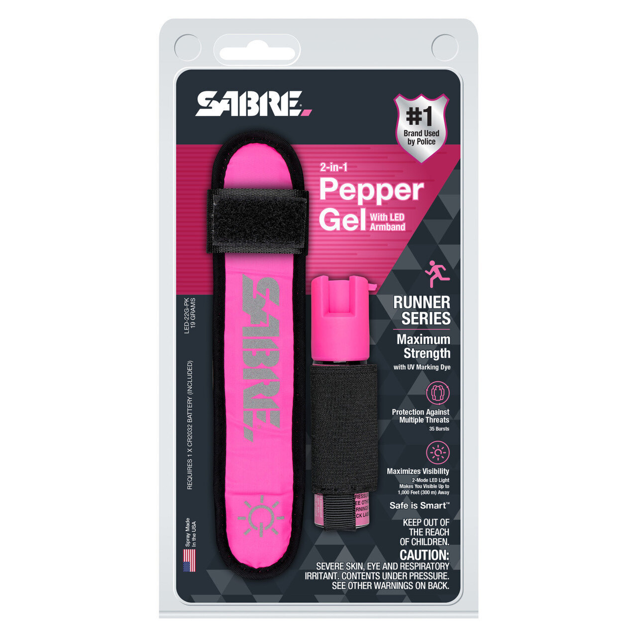 Levně Sada pro běžce 2 in 1 Sabre Red® - obranný sprej + LED páska na ruku – Růžová